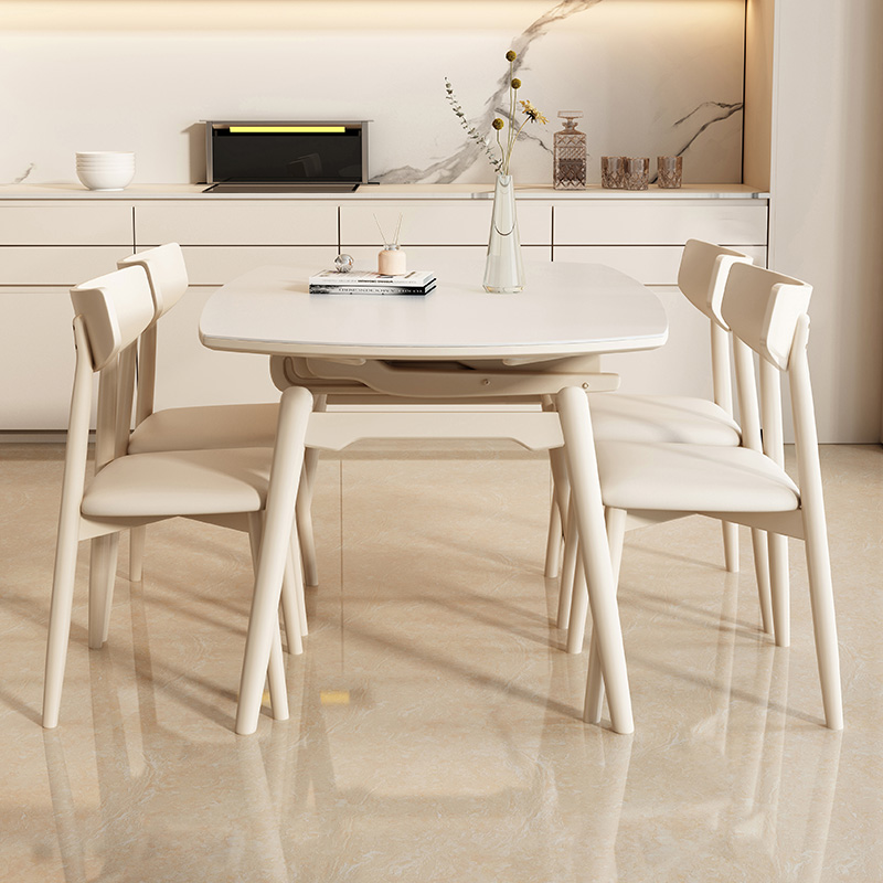 奶油风白色岩板餐桌可伸缩折叠小户型现代简约北欧方形餐桌变圆桌