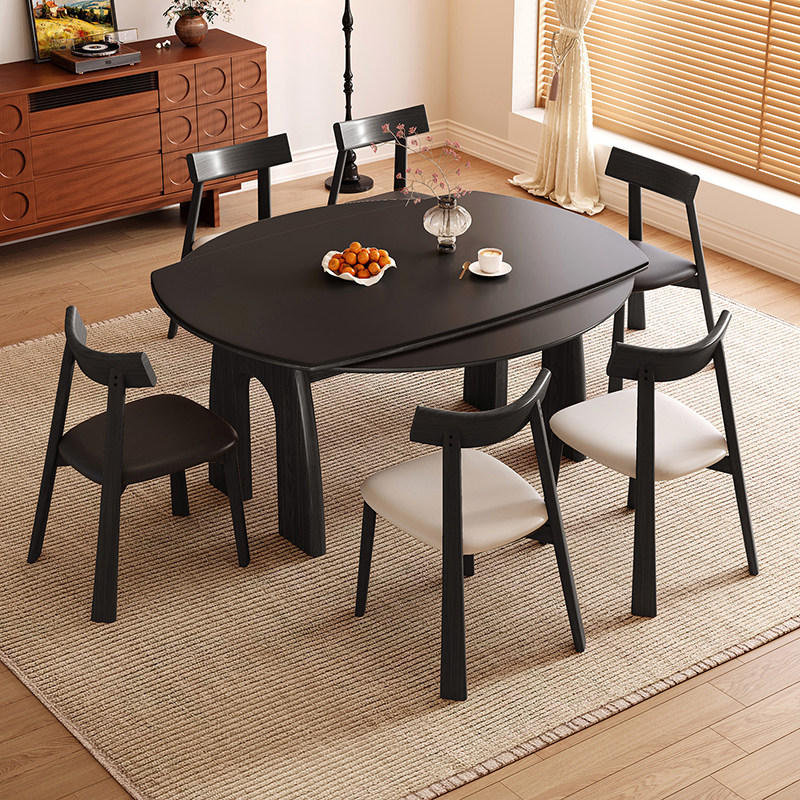 黑色复古实木岩板伸缩餐桌可变圆桌美式家用小户型折叠两用饭桌椅,淘宝优惠券,粉丝福利购,淘宝优惠卷