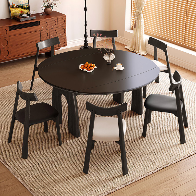 黑色复古实木岩板伸缩餐桌可变圆桌美式家用小户型折叠两用饭桌椅,淘宝优惠券,粉丝福利购,淘宝优惠卷