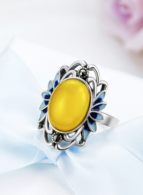 沁缘925银镶嵌玉髓生日礼物女戒