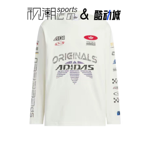 Adidas阿迪达斯白色男女赛车风宽松运动休闲针织长袖T恤KH1200 - 图3