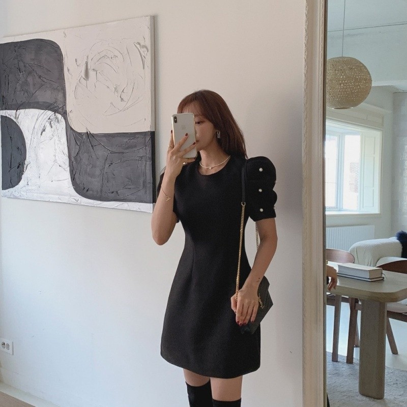 正品复古新款显瘦珍珠装饰连衣裙 cafe24海外连衣裙