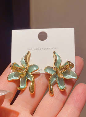 法式轻奢花朵大耳环女金属绿叶造型耳坠气质百搭高级感夸张耳饰