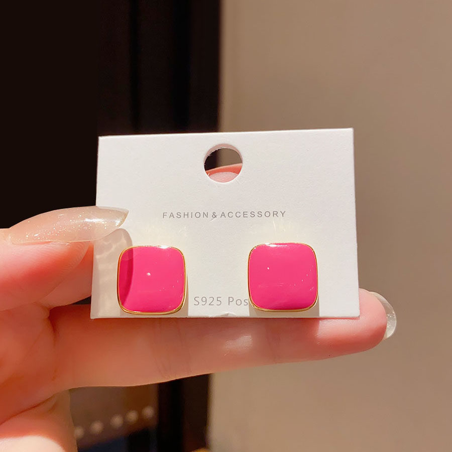 复古滴釉几何方形洋气玫红色耳钉女2025年新款潮耳环复古气质耳饰,淘宝优惠券,粉丝福利购,淘宝优惠卷