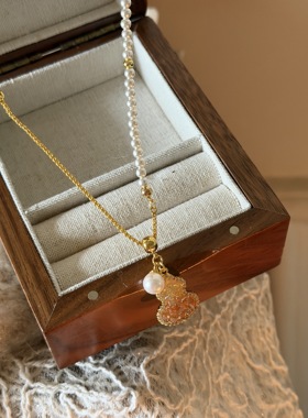 新品减5韩国复古香槟色水晶项链银杏叶锁骨颈链网红气质简约饰品