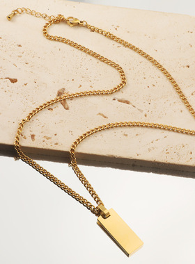 不锈钢方形吊坠项链侧身链情侣款金银双色极简风定制刻字生日礼物