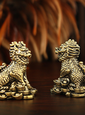 黄铜招财公母一对铜麒麟摆件