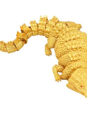 沙金3D鳄鱼可活动关节茶桌装饰品创意大鳄鱼手把玩工艺品金属摆件