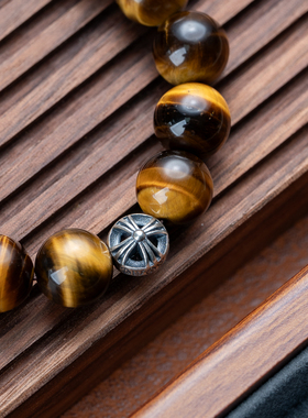 虎眼石12mm单圈手串天然宝石s925银十字架滴溜潮流小众原创设计