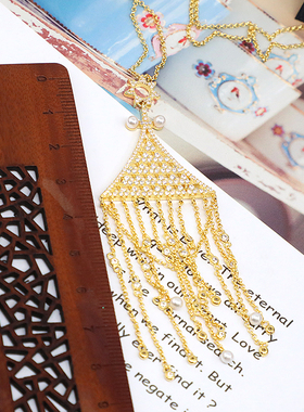 重工微镶金色三角形珠子流苏项链