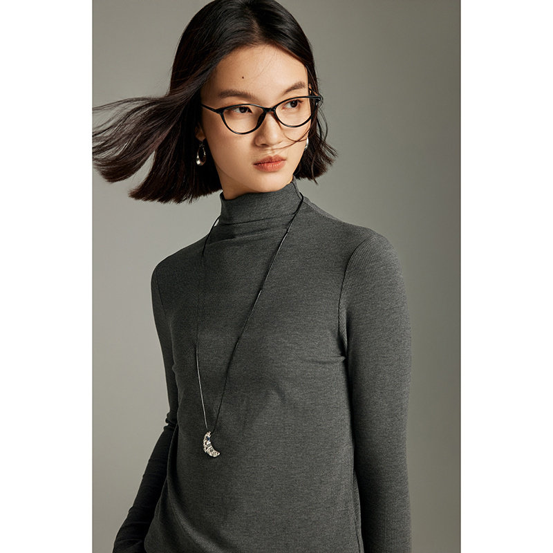 时尚深灰半高领打底衫女MOFAN摩凡2025冬新款百搭桑蚕丝修身上衣,淘宝优惠券,粉丝福利购,淘宝优惠卷