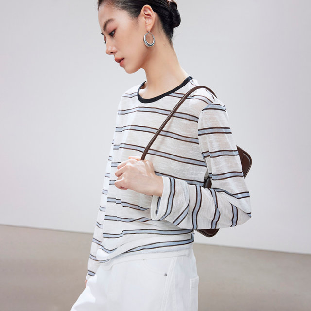 ເສື້ອເຊີດຄໍລູກເຮືອ lyocell tencel striped ຂອງແມ່ຍິງ