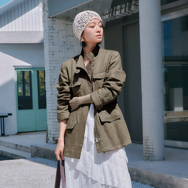 时尚可可棕100%亚麻短外套女MOFAN摩凡2026春新款立领休闲上衣,淘宝优惠券,粉丝福利购,淘宝优惠卷