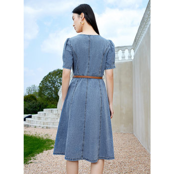 MOFAN Spring and Summer New Elegant Denim Blue Dress waist high-length gentle style Slim A-Line Skirt