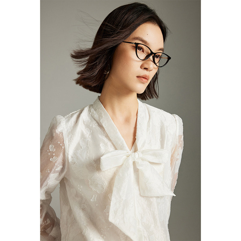 时尚蝴蝶结雪纺衬衫女MOFAN摩凡2025冬新款白色喇叭袖设计感衬衣,淘宝优惠券,粉丝福利购,淘宝优惠卷