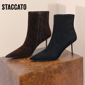 思加图新款气质通勤复古时装靴短靴高跟鞋黑色细跟女靴子H8058DD5