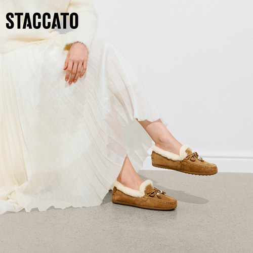 思加图冬季新款复古毛毛鞋豆豆鞋保暖加绒乐福鞋女鞋鞋子A9593DA5 - 图0