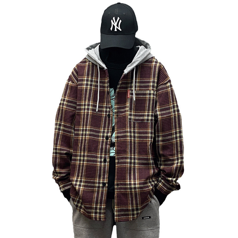 格子纹长袖连帽春秋宽松青少年衬衫 kabudlqao衬衫