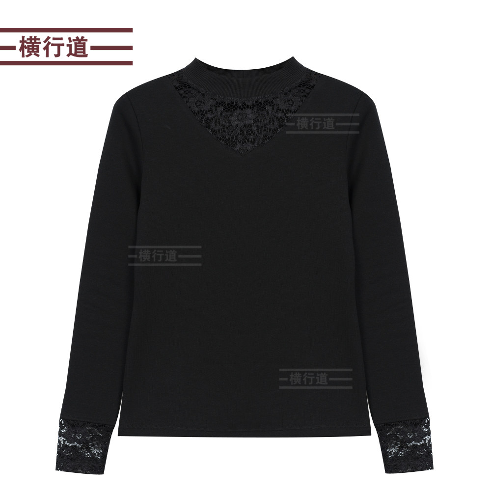 加厚加绒半高领黑色纯棉蕾丝打底衫 横行道T恤