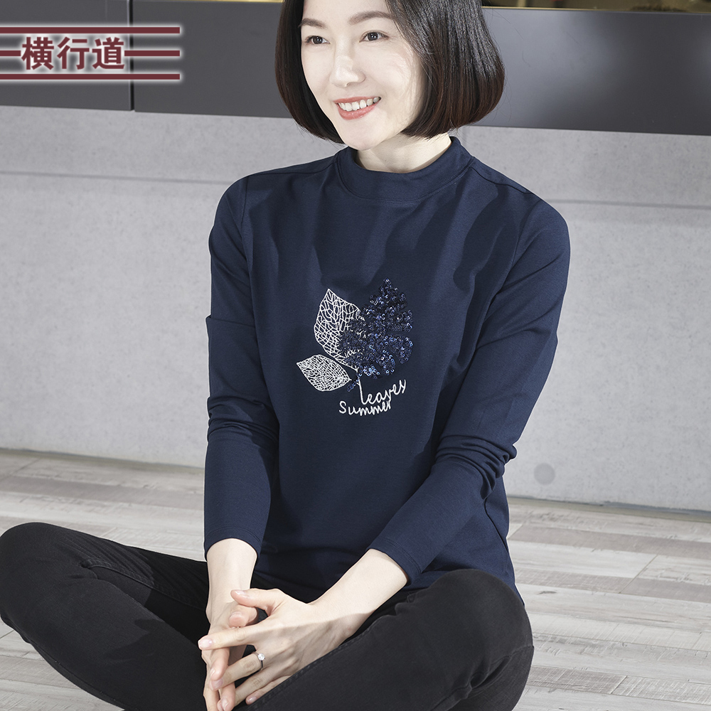 2024新款春季纯色半高领打底衫女宽松大码妈妈长袖T恤女绣花上衣