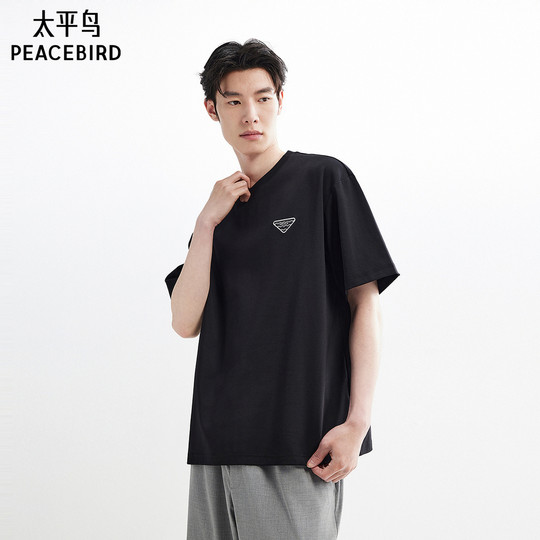 Peacebird men's short-sleeved T-shirt solid color summer embroidered white boys' youth versatile t-shirt