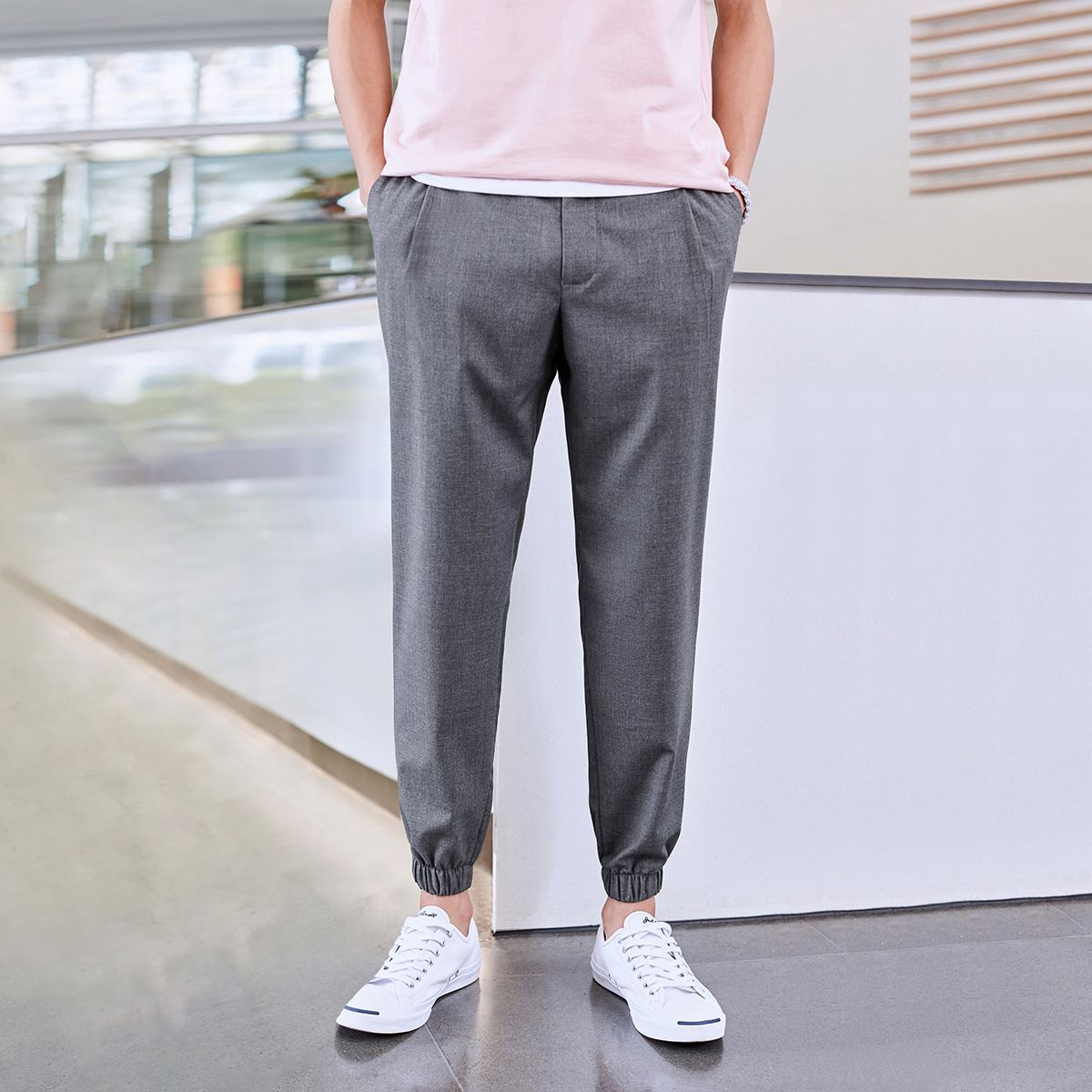 太平鸟男装旗舰店太平鸟男装 灰色竖条纹休闲裤春夏新款修身束脚裤韩版九分裤1