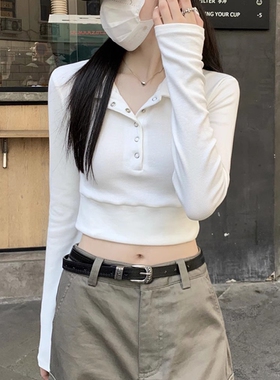 纯欲甜辣妹polo领长袖T恤女春秋新款修身显瘦短款卡腰露脐上衣潮