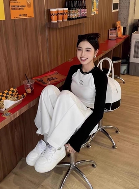 长袖T恤上衣女撞色正肩短款露脐