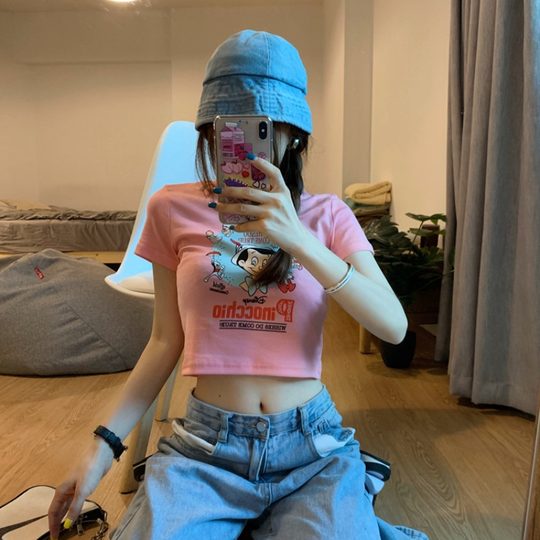 甜辣风bm粉色短袖t恤女夏季设计感小众修身高腰卡通印花短款上衣
