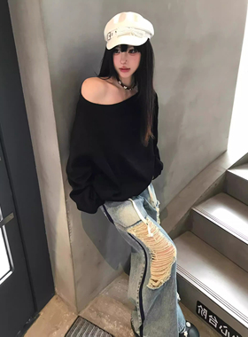 斜肩卫衣上衣慵懒休闲斜肩长袖女