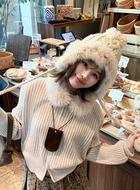 白色兔毛帽子女秋冬雪地保暖防寒针织帽显脸小皮草护耳毛绒渔夫帽