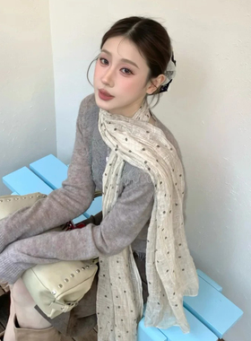 波点棉麻褶皱围巾女春秋薄款文艺风氛围旅游拍照长条丝巾披肩外搭