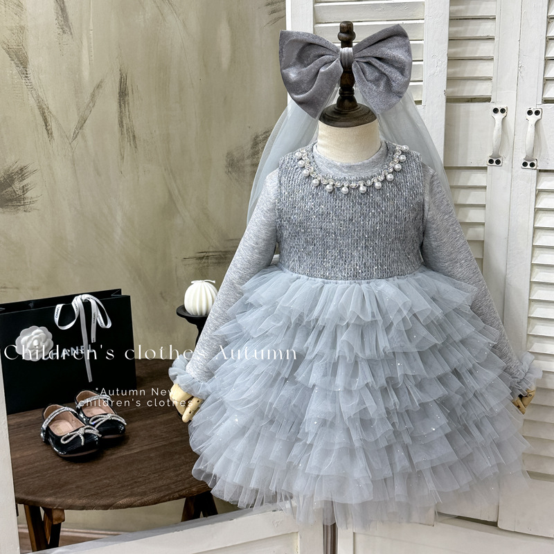 女童连衣裙2025年冬时髦珍珠红色加绒背心蛋糕裙子两件套周岁年服 - 图1