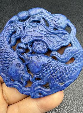 古风挂件蓝色镂空玉佩双鱼戏莲玉牌国风颈饰项链玉坠 高档玉挂饰