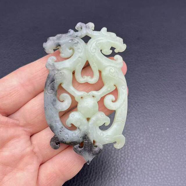 Ink style double dragon and double phoenix jade pendant
