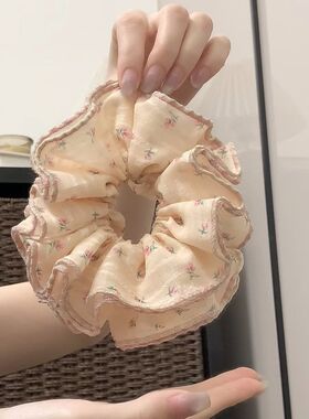 法式复古碎花布艺双层发圈发绳百搭扎发头花蓬松大号丸子头高颜值