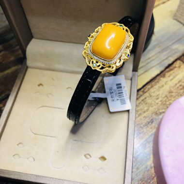 天然老蜜表带款手链鸡油黄俄料琥珀13X18MM圈口可调节925银镶嵌