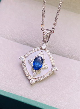 斯里兰卡天然蓝宝石4X5MM吊坠四草老烧皇家蓝925银镶嵌贝壳项链