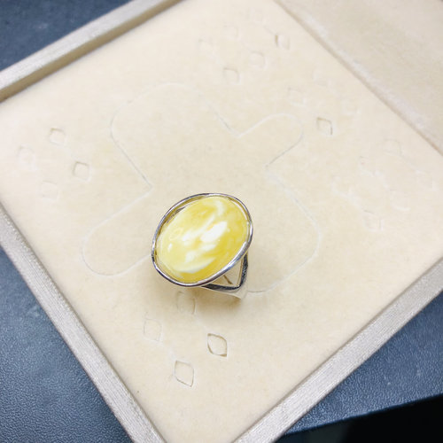 天然原矿白花蜜蜜蜡戒指12X16MM925银琥珀手饰活口可调节指环百搭 - 图1