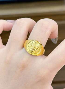 古法黄财神戒指锤纹浮雕沙金男戒