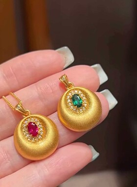 黄金色丝绒鸽子蛋金坨坨项链吊坠