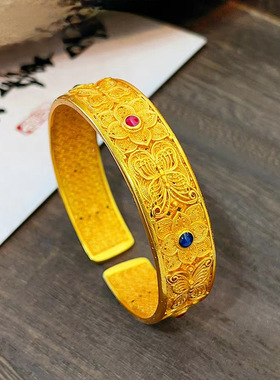 金店同款沙金宽面花丝蝶恋花手镯
