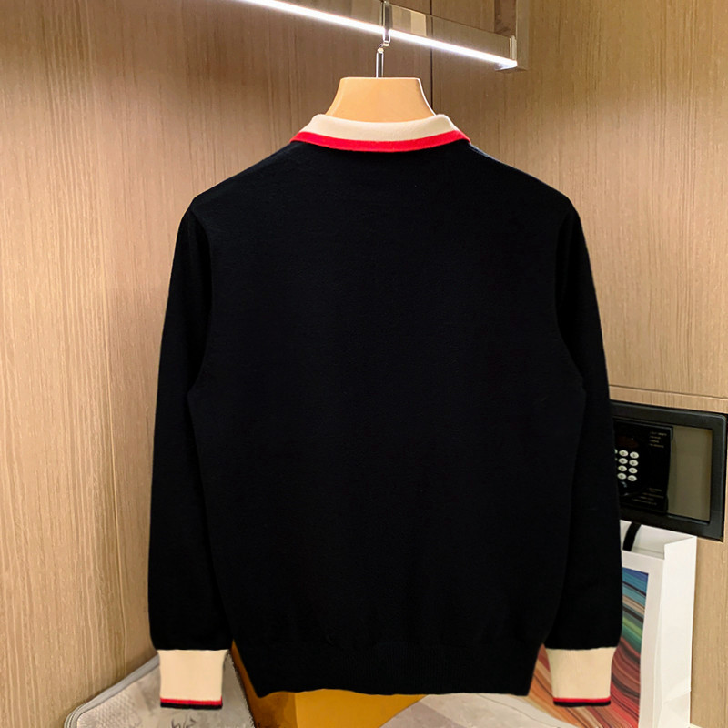 秋冬新款男装拼色上衣polo衫男长袖小蜜蜂刺绣高级黑色翻领针织衫 - 图2