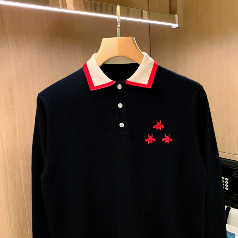 秋冬新款男装拼色上衣polo衫男长袖小蜜蜂刺绣高级黑色翻领针织衫 - 图0