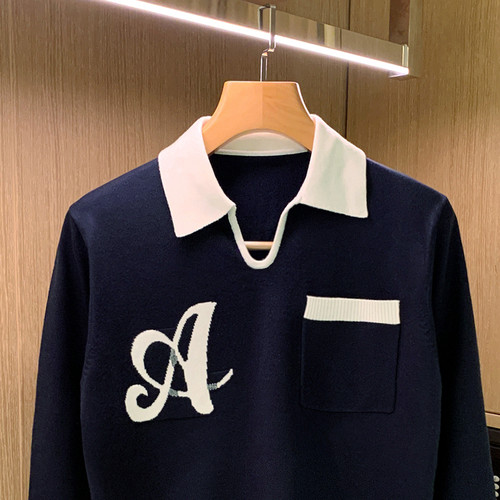 欧洲站潮流男装翻领针织衫上衣秋冬新款独特拼色衣服长袖polo衫男 - 图0