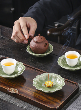 四季花碟线香炉中式合金莲花香插家用线香底座香托精致茶杯垫
