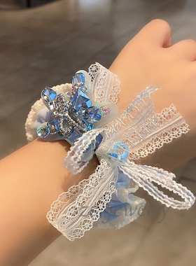 高级感甜美夏日蓝色重工闪钻海星蕾丝蝴蝶结皮筋女气质少女扎头绳