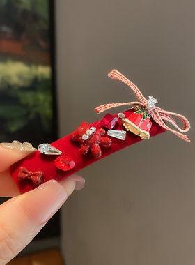甜美卡通小熊闪钻蝴蝶夹喜庆红色边夹女气质小众ins侧边bb夹发卡