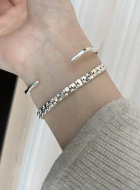 小众设计细款波浪手镯女锆石镶嵌简约百搭高级感开口调节手环