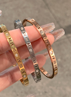 镂空罗马数字钛钢手镯批发女士手镯银色不锈钢素圈手镯子开口手环